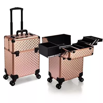  Rolling Makeup Train Case Large Storage Cosmetic Trolley 4 Tray With Rose Gold • $132.14