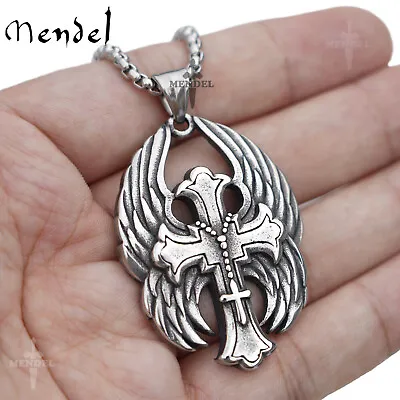 MENDEL Mens Angel Wings Biker Cross Pendant Necklace For Men Stainless Steel • $11.99