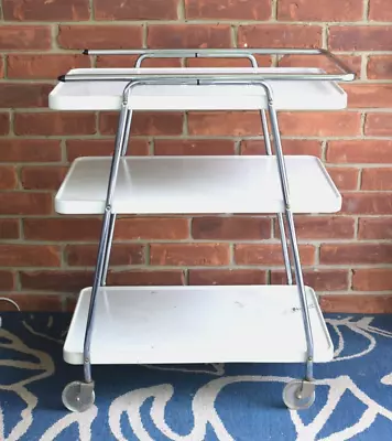 1950s Vintage Costco White Metal Beverage Cart On Wheels Retro Handles! • $125