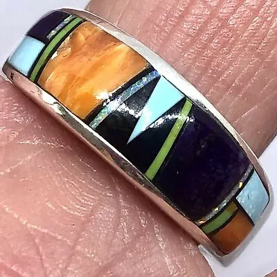 Navajo Inlay Turquoise Opal Multi Stone Wedding Band Ring Sz 13 9mm Mens Signed • $159.95