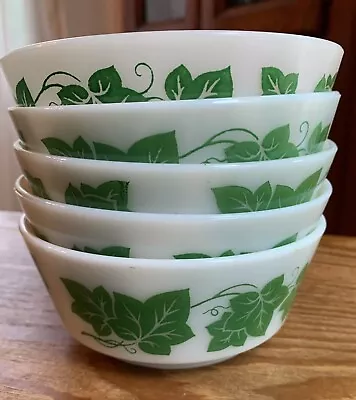 Vtg Hazel Atlas Milk Glass Green Ivy 5” Soup Cereal Bowls Set Of 5 • $24.99