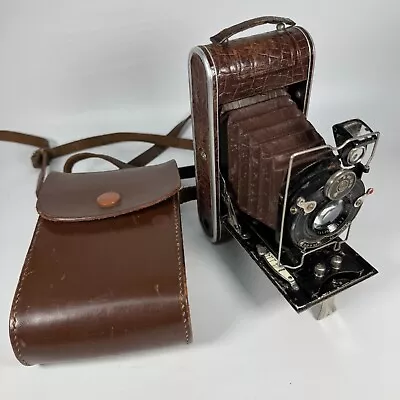 1927 Foth 6×9 F:4.5 Deluxe Brown Crocodile Skin 120 Film Folding Camera + Case • £39.99