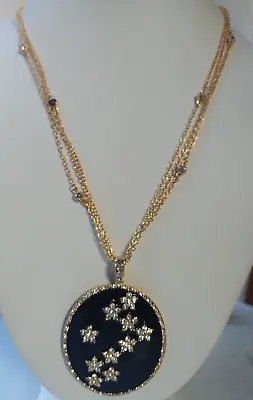 Beautiful Black Epoxy Pendant With Clear Crystal Inlays 24  Chain Goldtone • $15