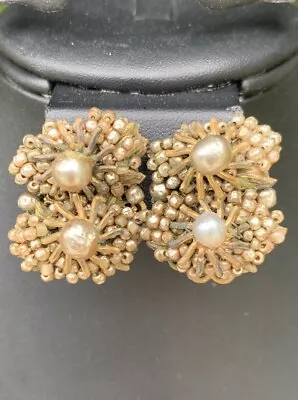 Rare Signed Miriam Haskell Faux Seed Pearl Flower Clip On Earrings Vintage G • $50