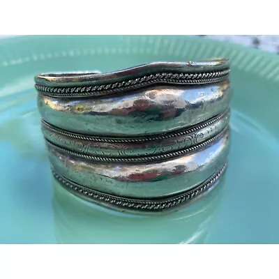 Vintage Ethnic Hammered Sterling Silver Wide Statement Cuff Bracelet • $89