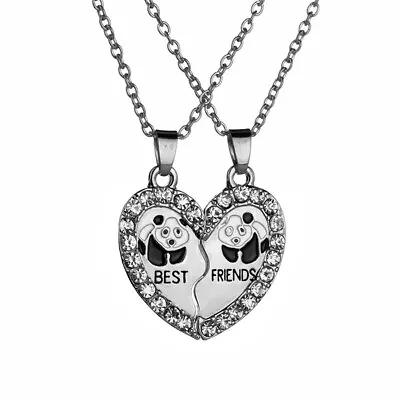 Silver Panda Broken Heart Best Friend Rhinestone 2 Pcs Friendship Necklace Gift • £3.99