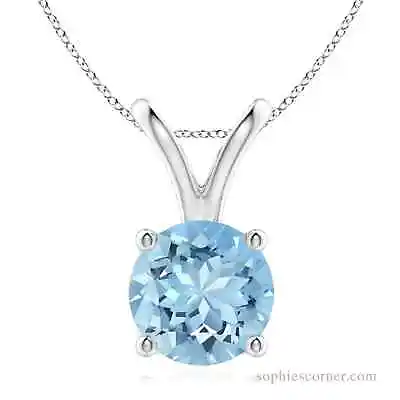 7mm Aquamarine Solitaire Round Pendant Necklace In Solid Sterling Silver • $37.80