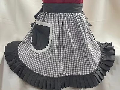 RETRO VINTAGE 50s STYLE HALF APRON / PINNY - GREY & WHITE GINGHAM With GREY TRIM • £20.99