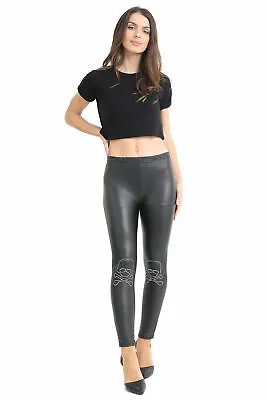 Adult Shiny Metallic Black Leggings Skull Halloween Stretch Wet Look Fancy Dress • £5.08