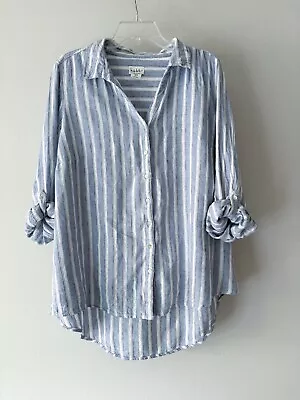 Nicole Miller Top Boho Blouse Collar Shirt Stripe Linen Blend Blue White Plus 1X • $16