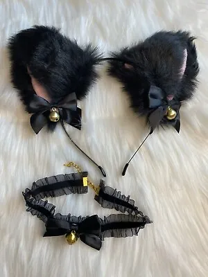 Anime Furry Faux Fur Cat Fox Ears Headband Lolita Choker Cos Costume Black • $18.99