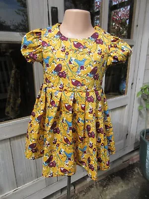 Girls Short-Sleeved Dress Yellow Birds 12-18 Months New Handmade • £10.50