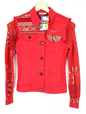 DESIGUAL Kyle Jacket Women's EU 34 Denim Embroidered Stretchy Red • $116.16