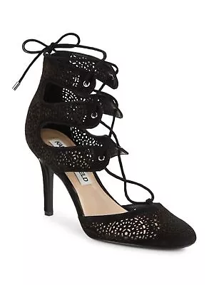 KARL LAGERFELD Paris Joselyn Lasercut Lace Up Heels Black Suede New Size 7.5 • $9.99