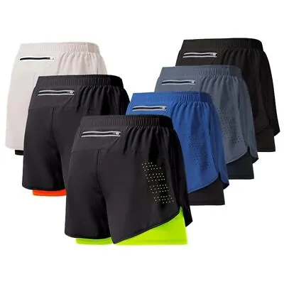Men's Running Shorts Quick-drying Fitness Black Double Layer Shorts Men New US • $17.78