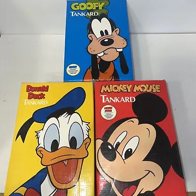 RARE Mickey Donald & Goofy Tankard Set Porcelain Ceramic Complete In Box • $189.99