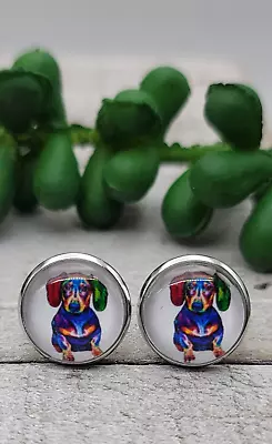 Watercolor Dachshund || 12mm Glass Stud Earrings || Hypoallergenic • $4