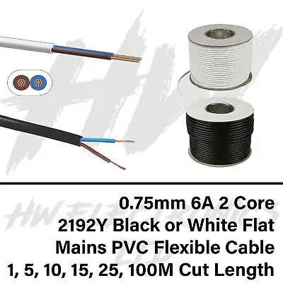 0.75mm 6A 2 Core 2192Y Black Or White Flat Mains PVC Flexible Cable • £6.29