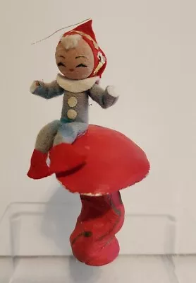 Vintage Nylon/Felt Mini Pixie Elf Sitting On A Handmade Mushroom • $14.99