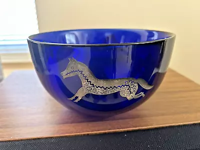 Vintage Blue Art Glass Bowl With Horses From Italian Artisans • $49