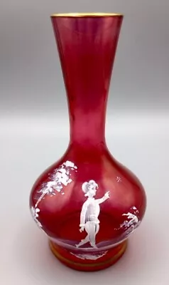 MARY GREGORY Cranberry Bud Vase Hand Painted Boy 6  Tall Antique Art Glass Cute • $50