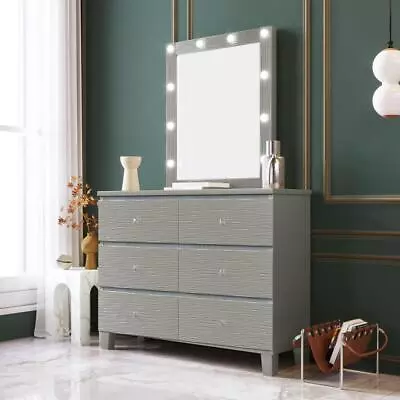 6 Drawer Dresser With 9 LED Lighted Mirror Set Bedroom Storage Dressers Chests • $273.99