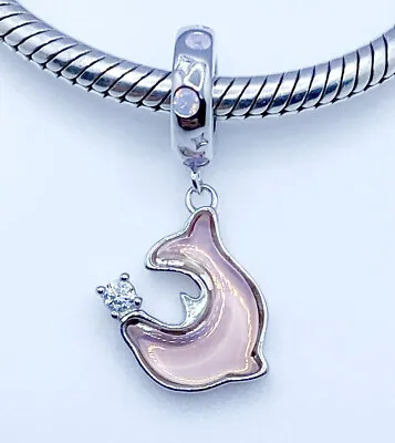 💖 Opal Pink Dolphin Dangle Charm Animal Sea Life Genuine 925 Sterling Silver 💖 • £16.95