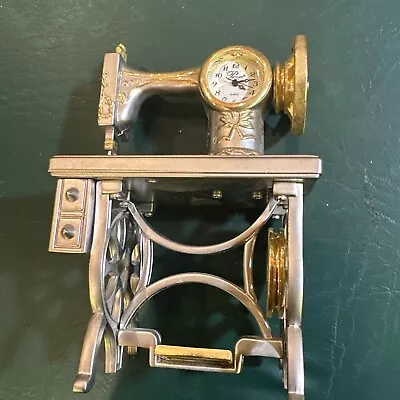 Vintage Miniature Quartz Clock Old Fashioned Sewing Machine On Table Desktop • $15