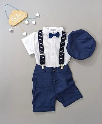 Boys 5pcs Navy Checker Formal Outfit Set Summer Suit Shorts Wedding Christening • £30.29