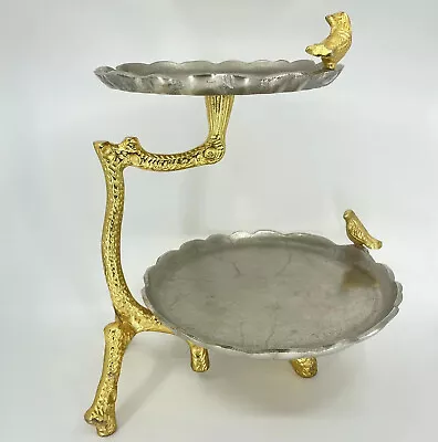 Two Tier  Aluminum And Gold Tone Cake Stand Bird And Branch Design EUC India • $99.99