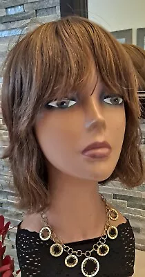 $229 • Buy Custom Medium Brown  Moveable Bangs Blonde Highlight Human Hair Sheitel L Cap 