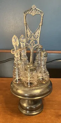 Vintage Condiment Caddy 5 Glass Bottle Set Cruet • $38.75