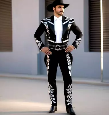 Men's Custom Made 2Pc Black Cotton White Embroidered Mariachi Suit For Weddings • $809.99