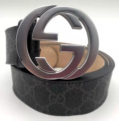 Gucci 411924 Black & Gray GG Supreme Canvas Interlocking G Buckle Belt 105/42 • $249.99