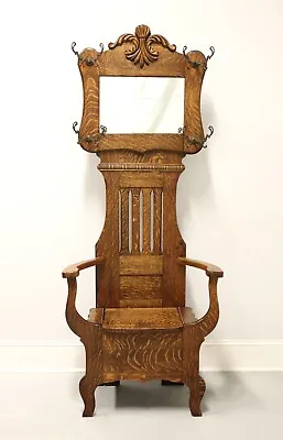 Antique Circa 1900 Victorian Period Tiger Oak Hall Tree With Chair Bench • $2295