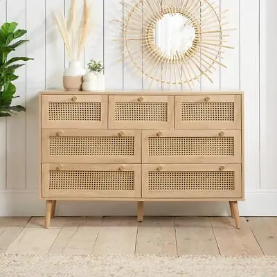 Croxley 7 Drawer Oak And Rattan Drawer Chest Home Storage Sideboard • £295.99