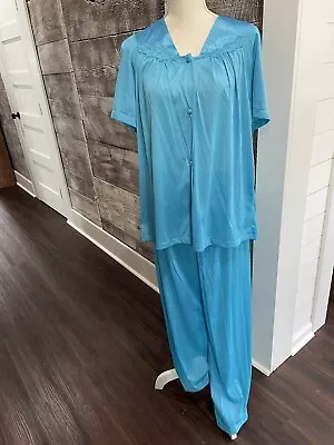 Vintage Vanity Fair 2 Piece Pajama Set Sz Large Blue Short Sleeve Soft • $35