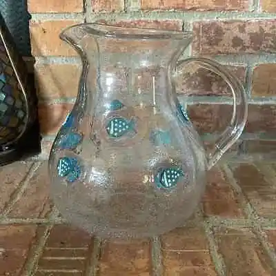 Art Glass Clear Bubble Blue Fish Heavy Serving Pitcher • $36