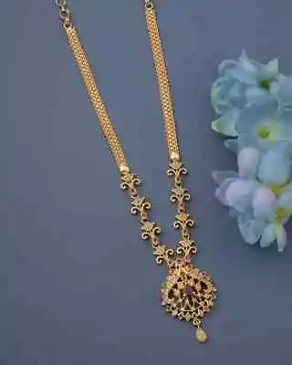 $20.69 • Buy Bridal 22K Gold Plated Red CZ Indian Long Necklace Bollywood Wedding Jewelry Set