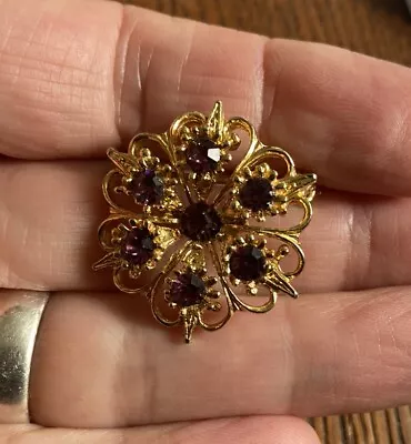 Vintage HOLLYWOOD Gold Tone And Purple Crystal Floral Design Brooch • £12