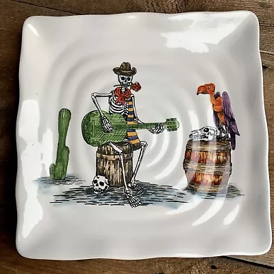 Maxcera Day Of The Dead Salad Plate Skelton Playing Guitar Next To Vulture 9” • $10.99