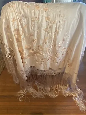 Antique/Vintage Blush Lt. Pink Silk Floral Embroidered Piano Shawl 52 X 52 • $175