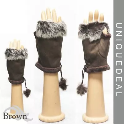 Fashion Winter Soft Rabbit Fur Trim Fingerless Half Cuff Off Gloves.dk. Brown • $10.95