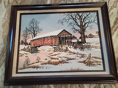 C Carson Winter Landscape Coca Cola Chriatmas CoveredBridge Framed Canvas Print  • $14.99