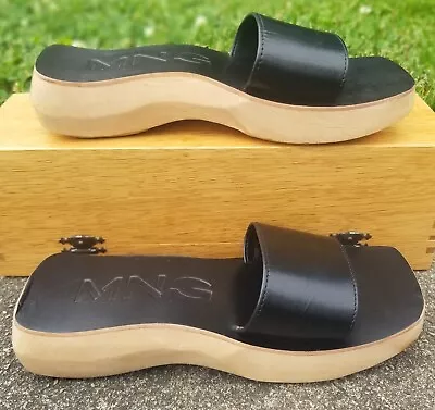 Boho Black Sandals Womens 5.5 EUR 36 Slide Wood Platform Leather Strap Mango MNG • $18.99