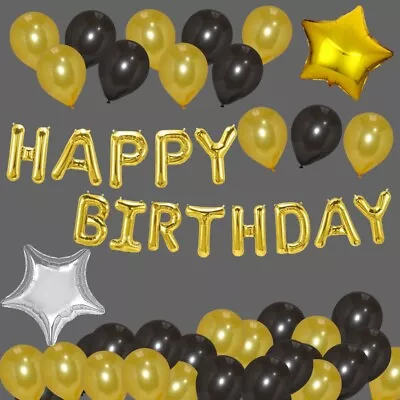 Happy Birthday Balloons Gold & Black Self Inflated Theme Age Party Balons Decor  • £5.49