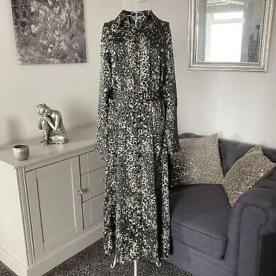 Green Silky Leopard Print Collared Long Sleeve Belted Maxi Shirt Dress XL 14-16 • £30