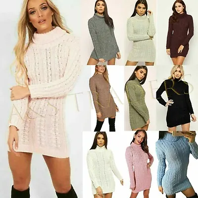 £15.95 • Buy New Ladies Chunky Cable Knitted Polo Neck Long Sleeve Warm Sweater Jumper Dress