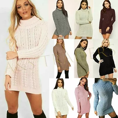 New Ladies Chunky Cable Knitted Polo Neck Long Sleeve Warm Sweater Jumper Dress • £16.95