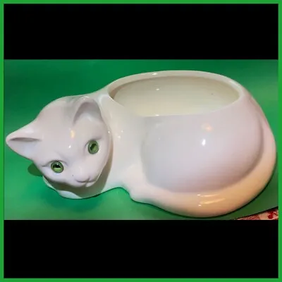 $19.99 • Buy Vintage White Ceramic Cat Laying Down Succulent Planter Pot Green Eyes